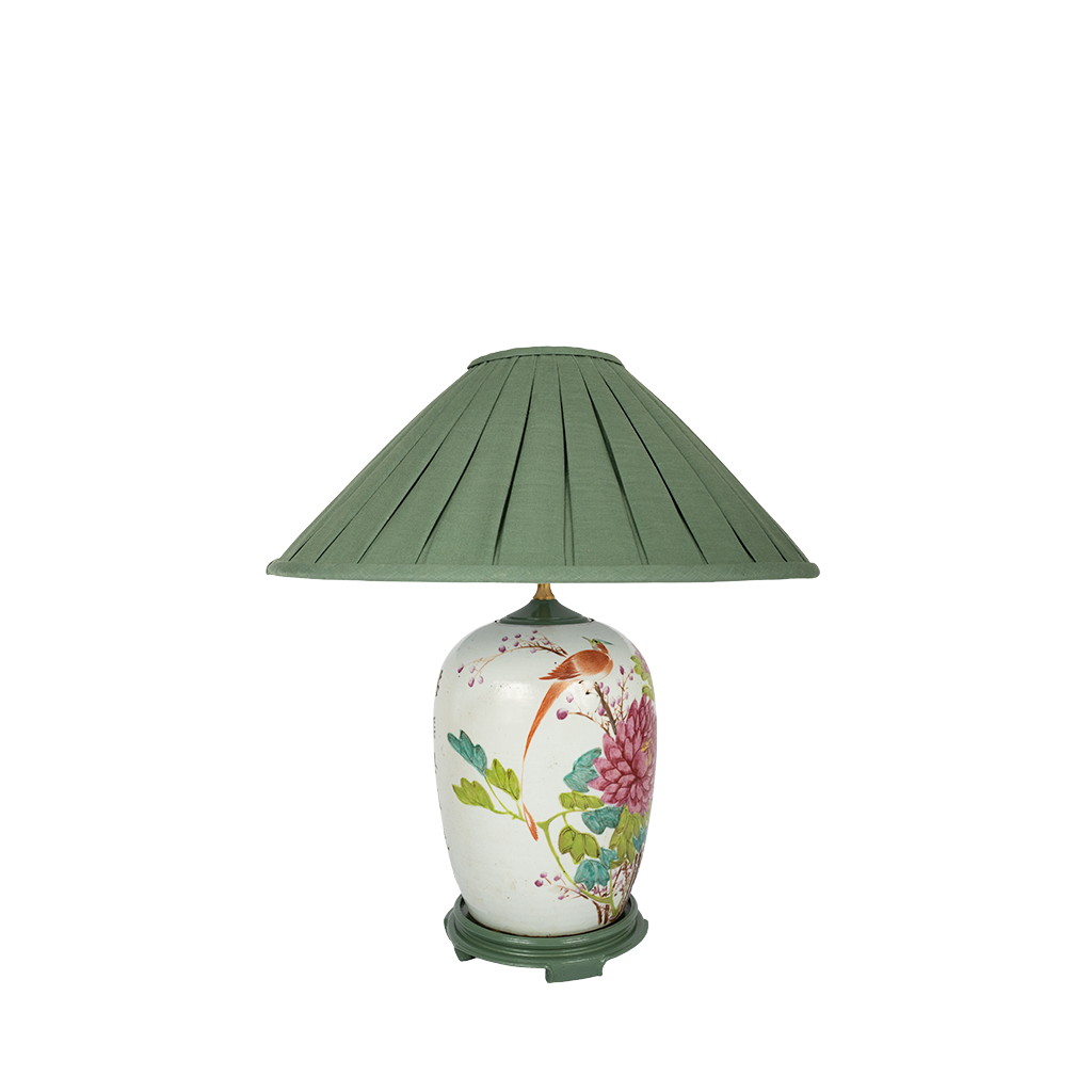 Famille Rose Lamp with Green Pleated Shade