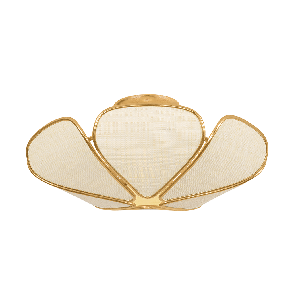 A modern semi-flush mount ceiling light fixture with a gold metal frame and three petal-shaped shades made of cream-colored woven fabric, shown against a plain white background.