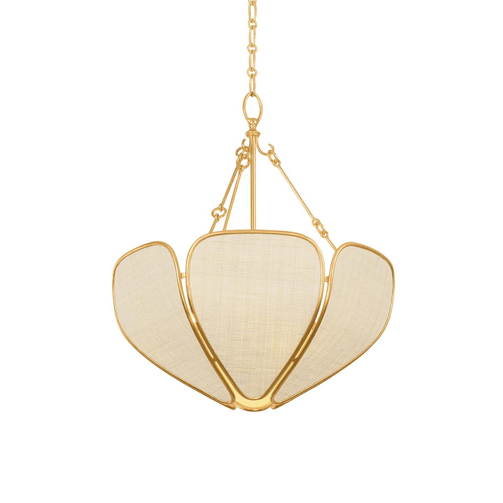 A gold-finished pendant light fixture with a three-light cluster design, featuring a textured cream-colored fabric shade, suspended by a gold chain against a solid white background.