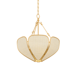 A gold-finished pendant light fixture with a three-light cluster design, featuring a textured cream-colored fabric shade, suspended by a gold chain against a solid white background.