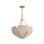 A modern three-light cluster pendant chandelier with a polished gold-tone metal frame and textured cream fabric shades, suspended from a matching gold ceiling canopy.