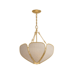 A modern three-light cluster pendant chandelier with a polished gold-tone metal frame and textured cream fabric shades, suspended from a matching gold ceiling canopy.