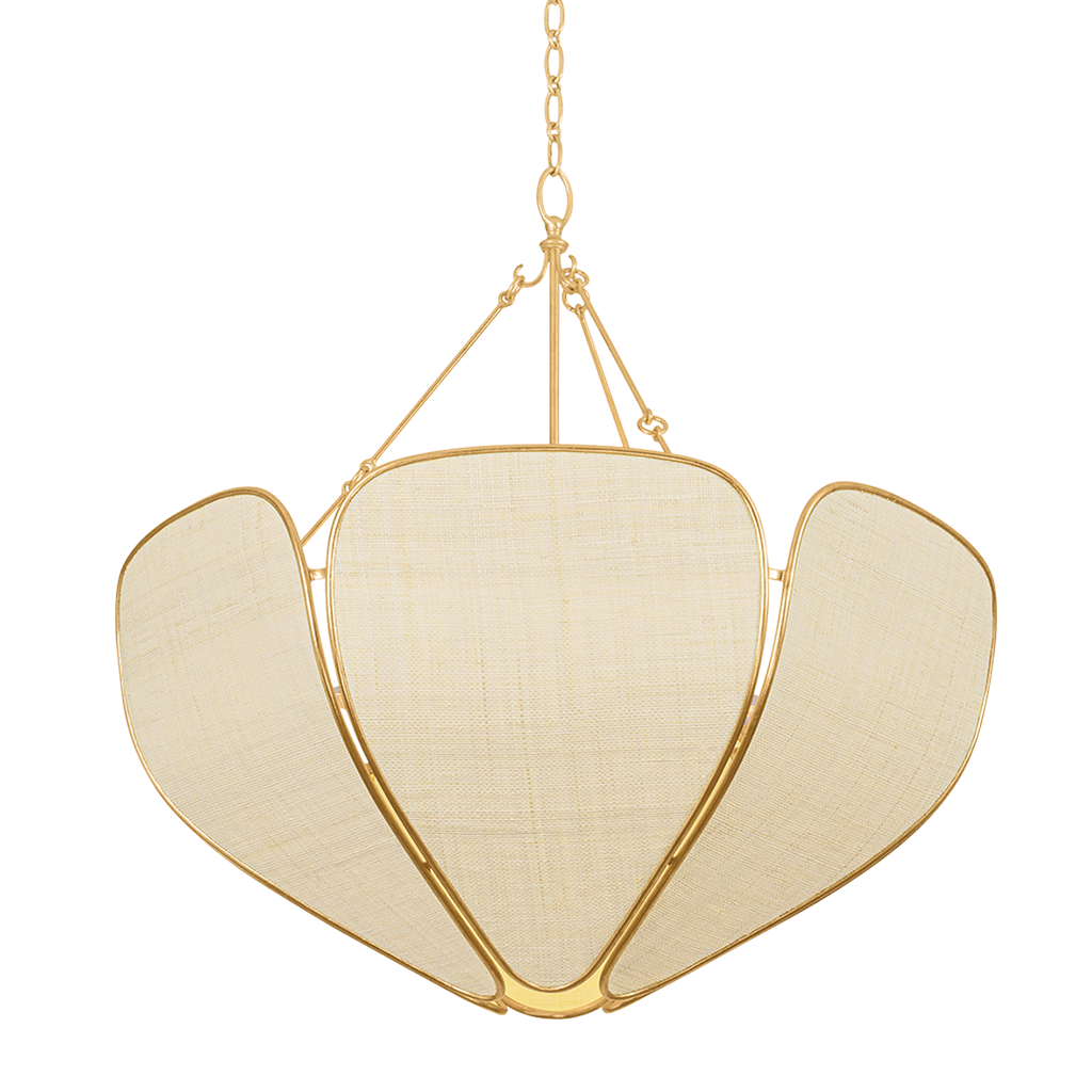 A modern three-light linear chandelier with a gold-finished metal frame and semi-sheer cream woven fabric shades, suspended from a matching gold chain against a white background.