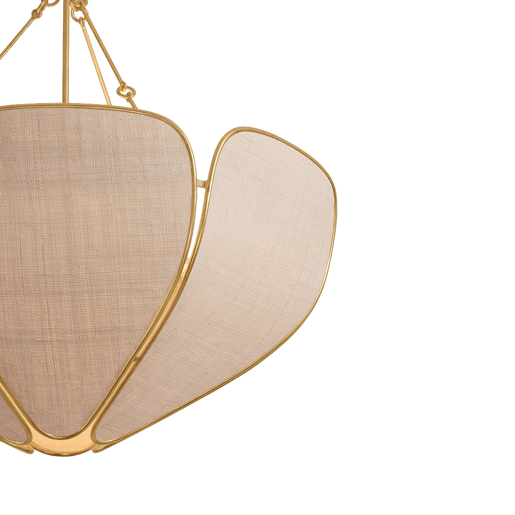 A close-up of a modern pendant light fixture with a gold metal frame and a textured beige linen shade, suspended against a plain white background.