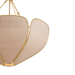 A close-up of a modern pendant light fixture with a gold metal frame and a textured beige linen shade, suspended against a plain white background.