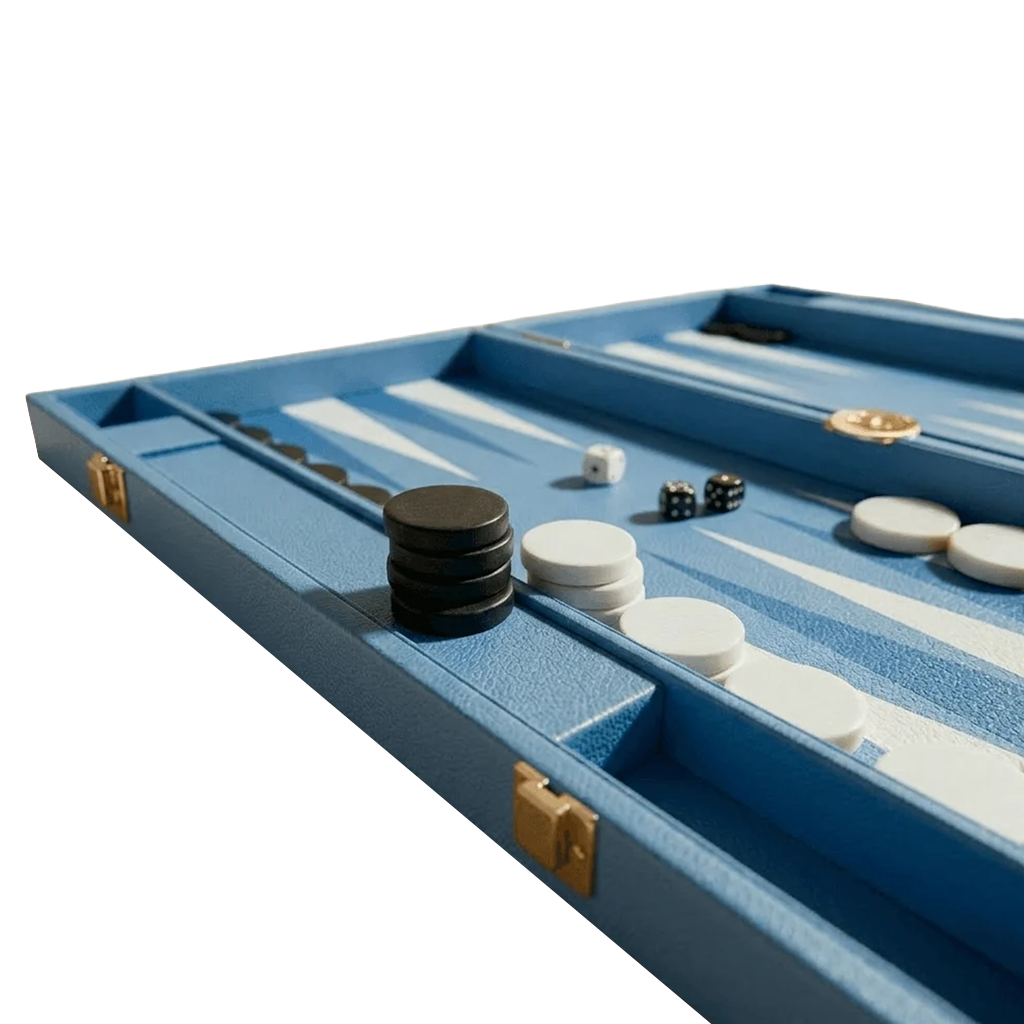 An open blue backgammon board with white points, black and white checkers, dice, and gold-tone hardware, photographed on a clean white background.