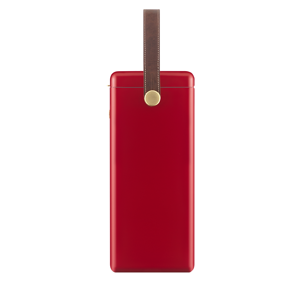 A red rectangular power bank or portable battery with a brown leather strap and a gold metal snap closure, shown on a plain white background.