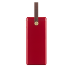 A red rectangular power bank or portable battery with a brown leather strap and a gold metal snap closure, shown on a plain white background.