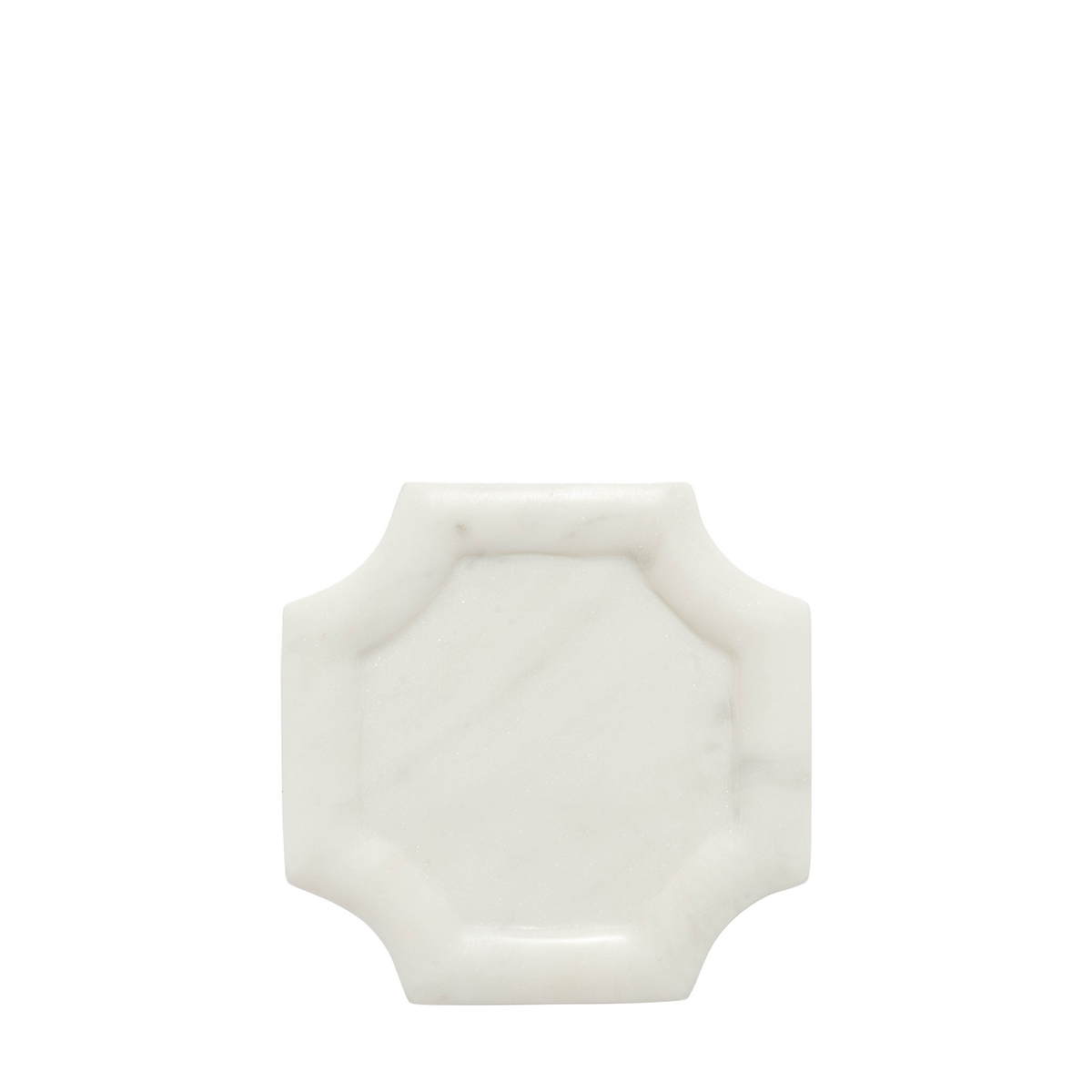 A small octagonal white marble tray with a smooth, polished surface and subtle gray veining, centered on a solid white background.