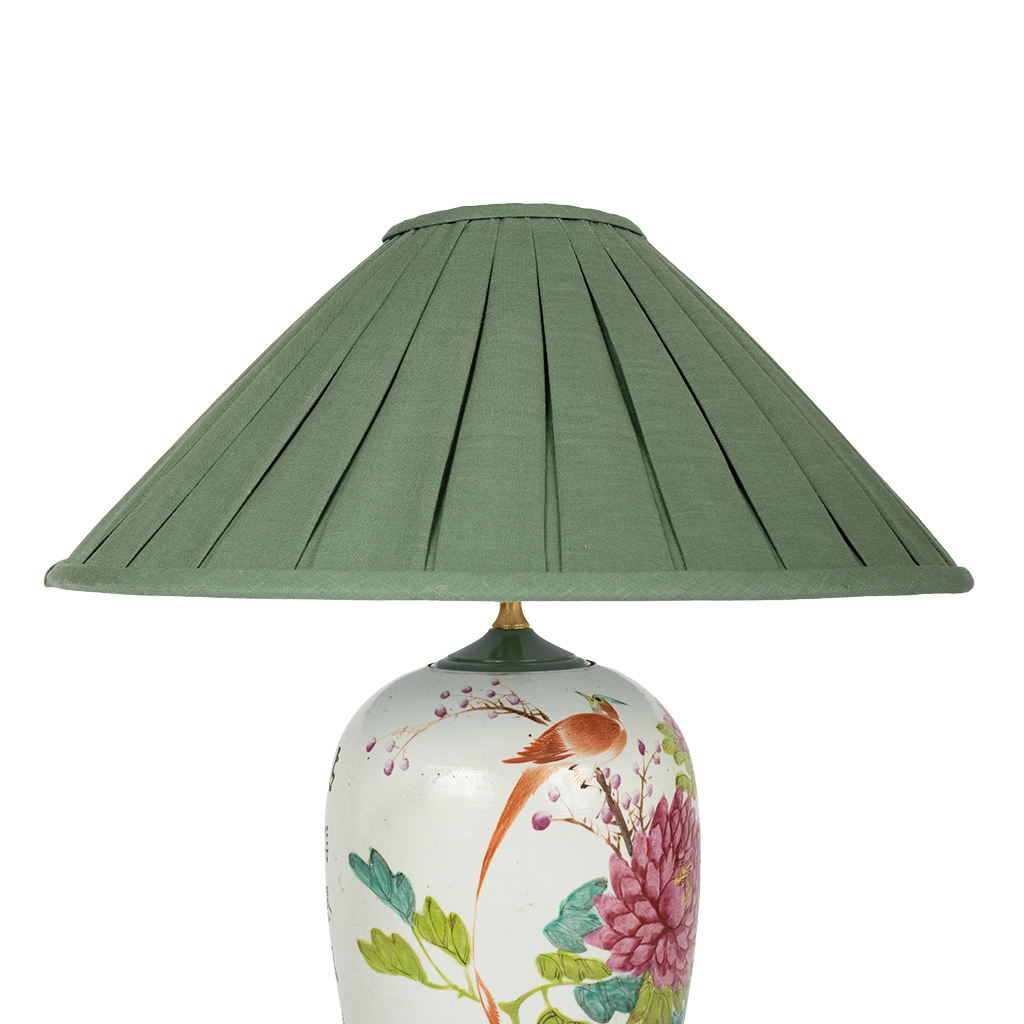 Famille Rose Lamp with Green Pleated Shade