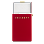 A red portable cooler with the lid open, featuring gold lettering that reads 'FIELDBAR' on the front. The interior is lined with white quilted material, and the cooler is shown against a plain white background.