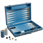 An open blue wooden backgammon set with white and black checkers, dice, and cup holders on a clean white background.