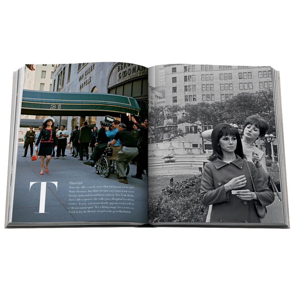 An open vintage book or magazine spread showing two printed photographs side by side. The left page is in color and depicts a street scene with people, a awning, and a large letter 'T' at the bottom left.