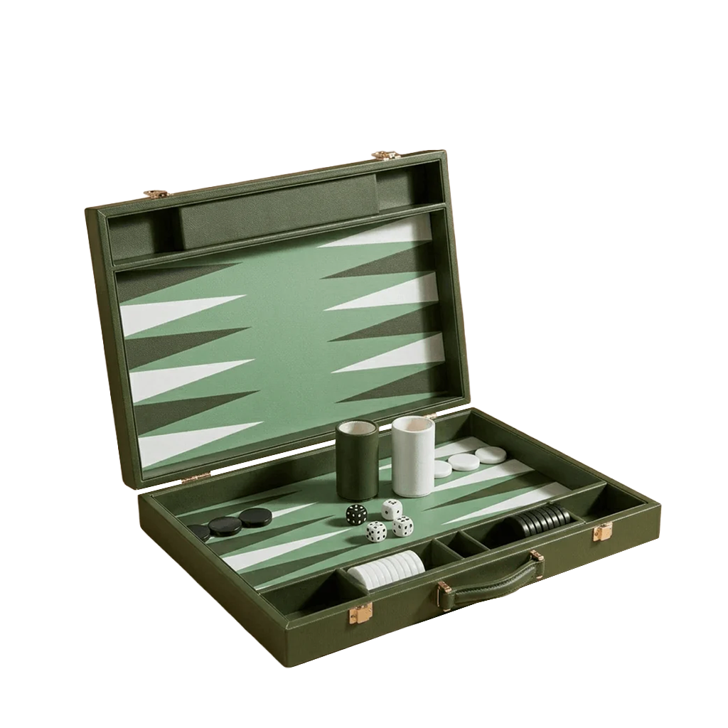 An open olive green wooden backgammon set with a geometric green and white patterned interior, shown on a plain white background. The set includes dice cups, checkers, and dice.