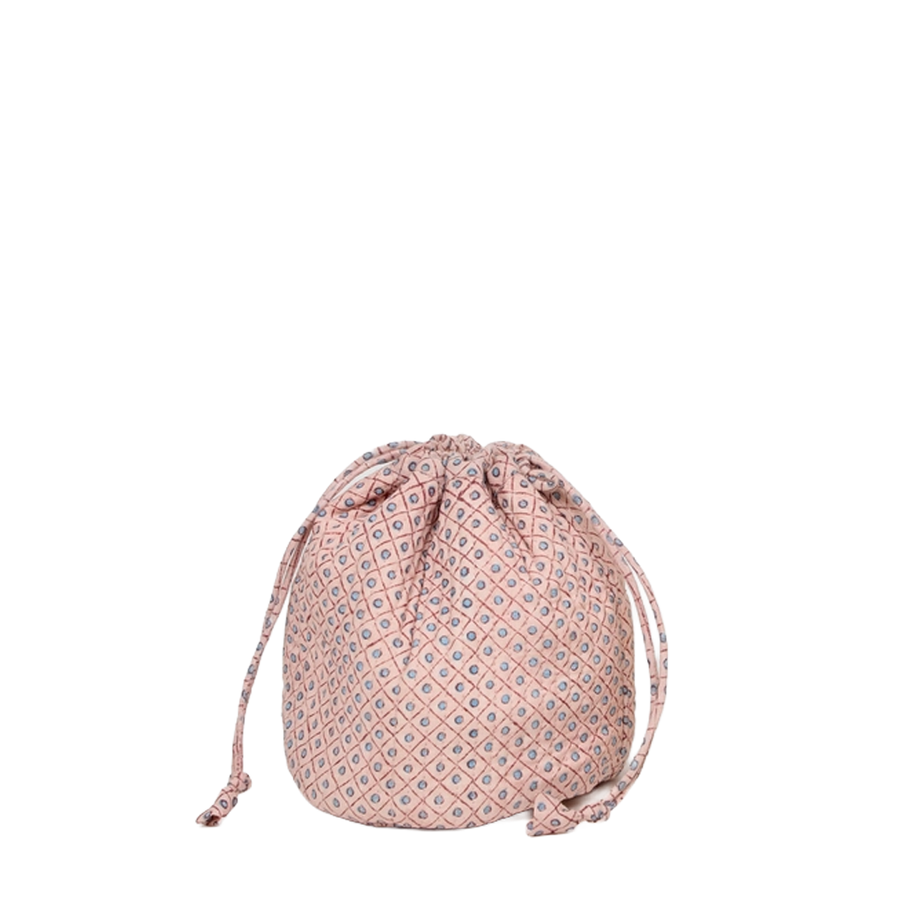 A small drawstring pouch in a pink and blue geometric patterned fabric, shown against a plain white background.