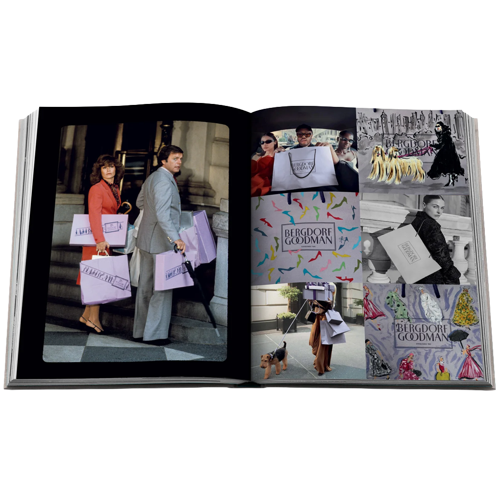 An open hardcover book spread showing multiple fashion and shopping-themed photographs, including people carrying Louis Vuitton and Burberry Goodman bags, on a plain white background.