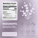 A product information graphic on a pale lavender background showing a Nutrition Facts label, ingredient list, icons for gluten free, vegan, whole ingredients, 1-year shelf life, and pure cane sugar, plus a white botanical illustration.