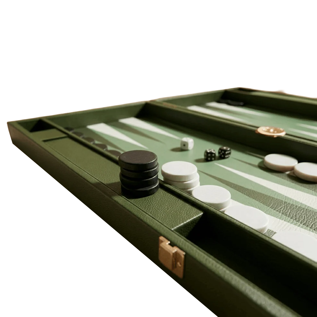 An olive green leather backgammon set shown at an angle on a white background, featuring green and white checkered board stripes, black and white playing pieces, dice, and a gold clasp.
