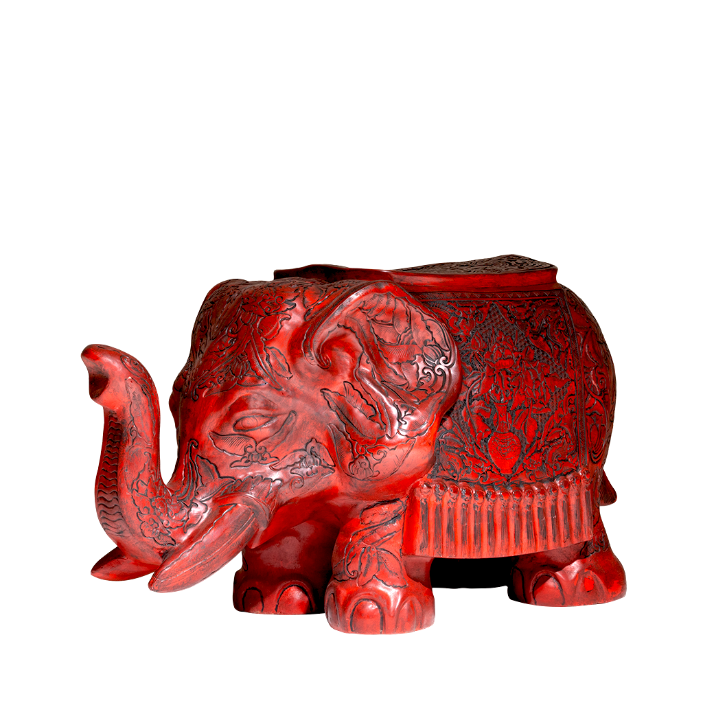 Decorative red elephant with intricate patterns on a white background