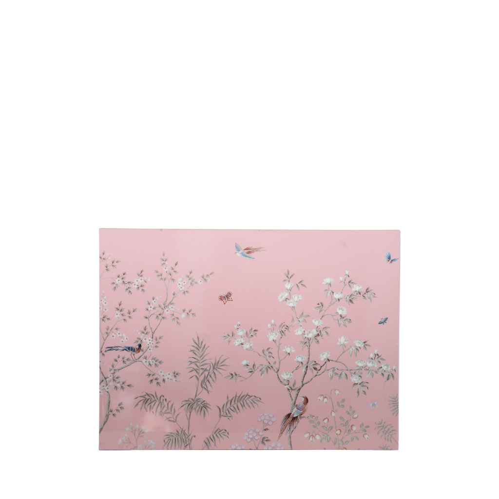 Pink jewlery box top with floral and bird design on a white background
