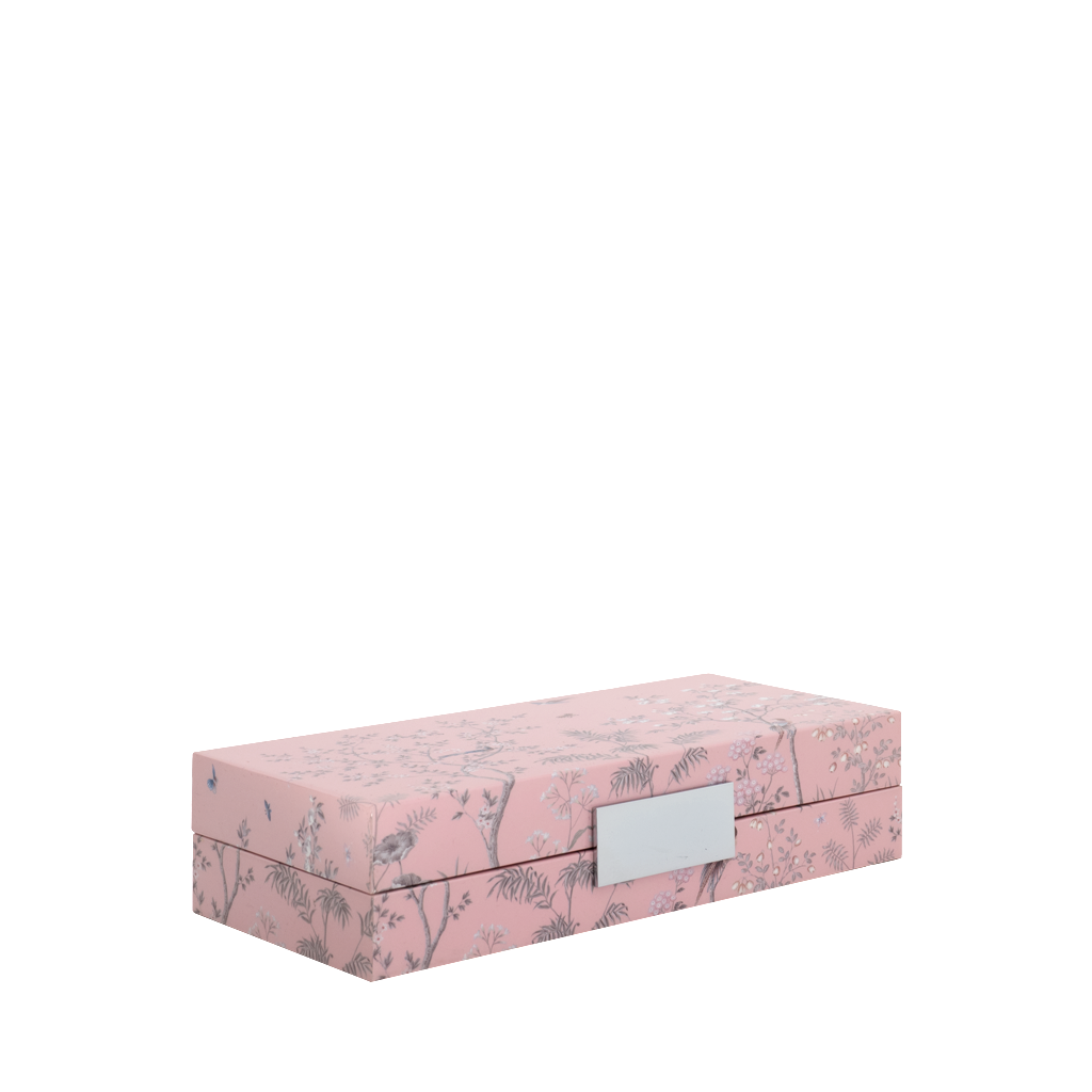 Pink jewelry box with floral design on a white background