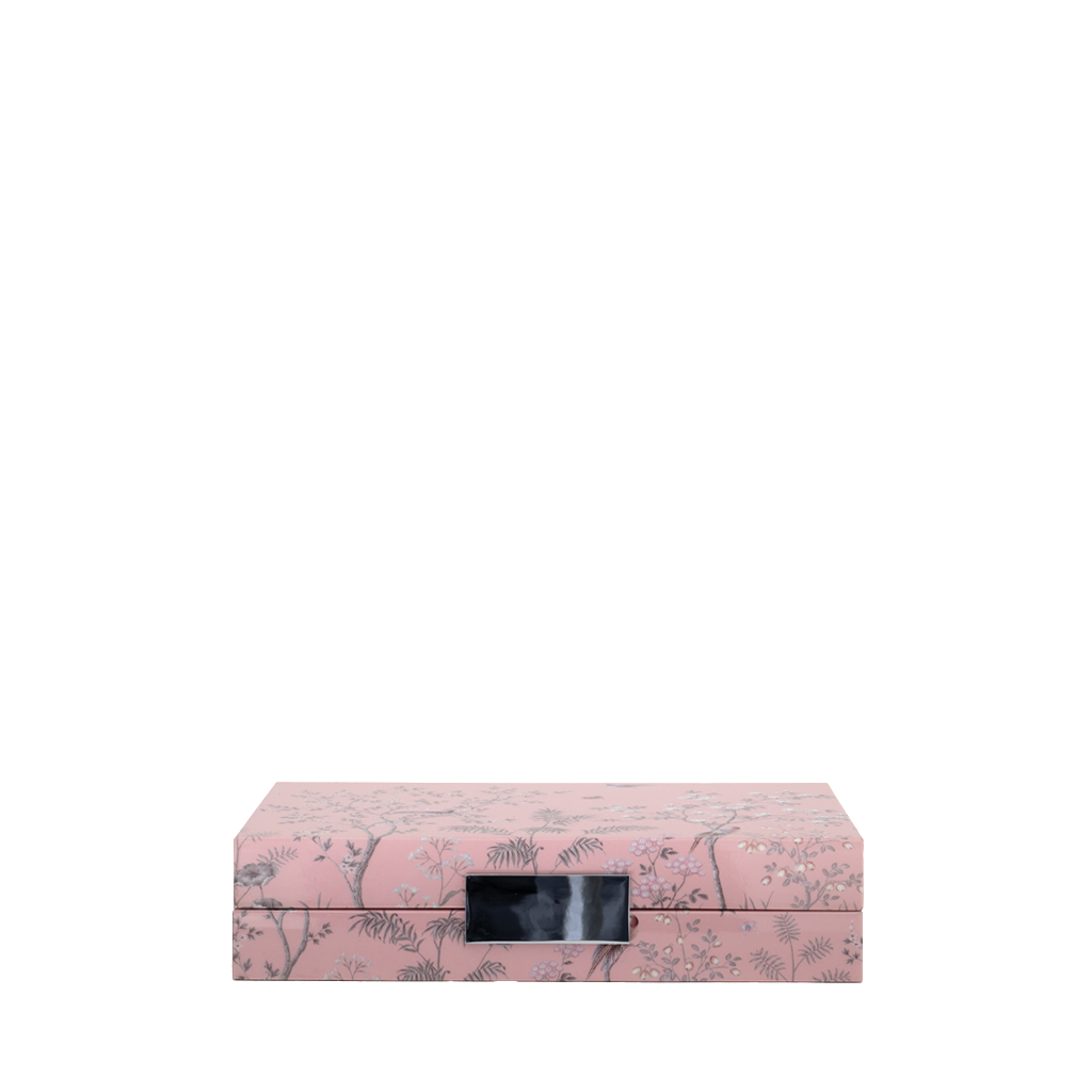 Pink jewelry box with floral pattern on a white background