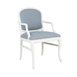 Dining chair with white finish and blue upholstery, arms