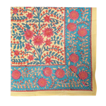 Cotton Liverpool tablecloth with pink floral patterns on beige center and teal border.
