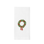 White tea towel with green holly wreath with red ribbon 