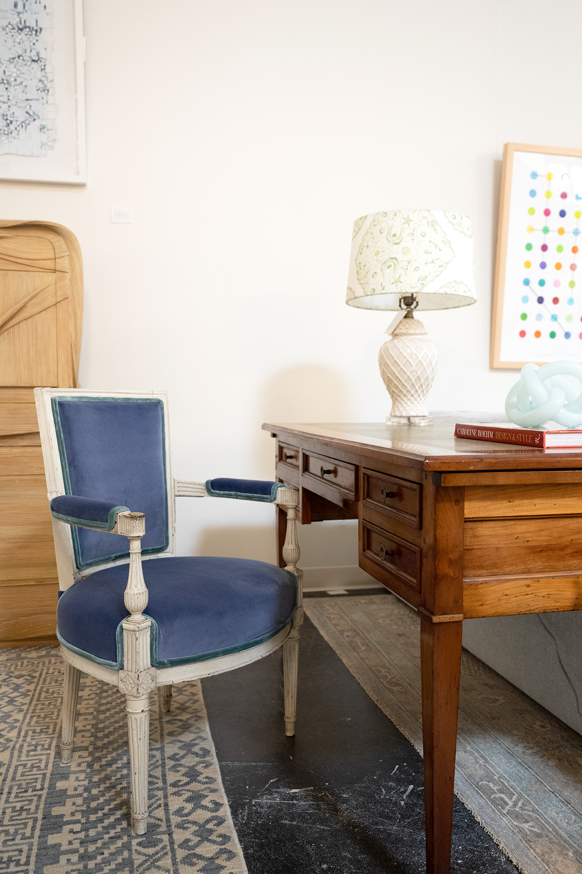 vintage arm chair with blue upholstery