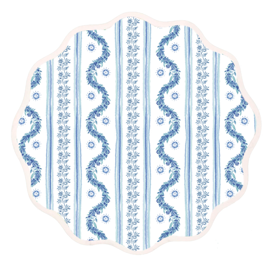 round placemat with illustrated blue boxwood pattern