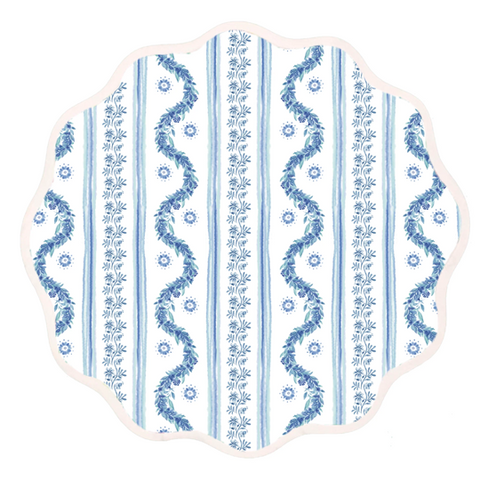 round placemat with illustrated blue boxwood pattern