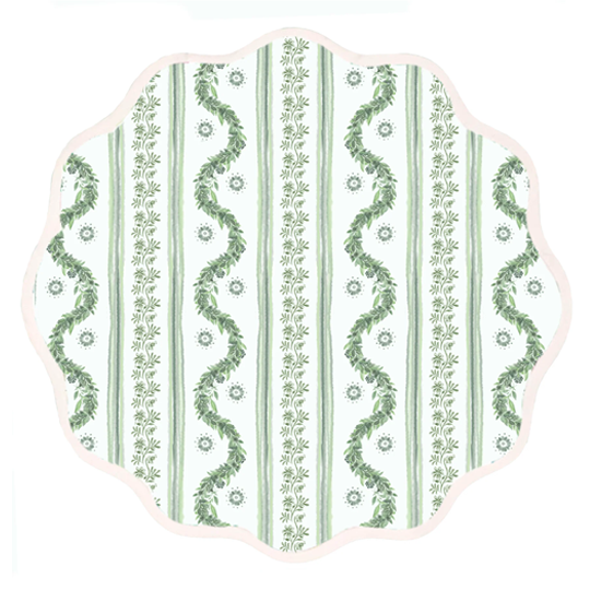 round placemat with illustrated green boxwood pattern