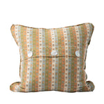 The back of the square decorative throw pillow features the same muted peach, sage green, and ivory striped floral pattern as the front. An envelope-style closure secured with three white buttons provides a classic and functional finishing detail.