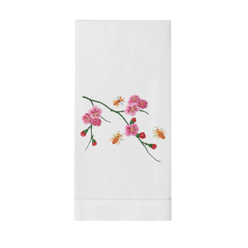 hand towel with embroidered flowers and bees