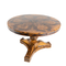 Beaux Wooden Table. A flat circular top with intricate legs and a glossy finish. Top view