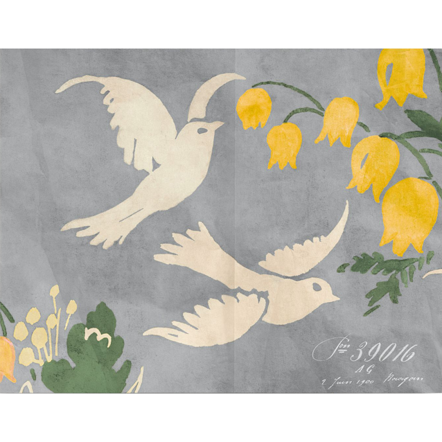 Decorative design with birds and yellow flowers on a gray background