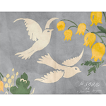 Decorative design with birds and yellow flowers on a gray background