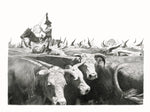 Black and white illustration of a cowboy herding cattle.