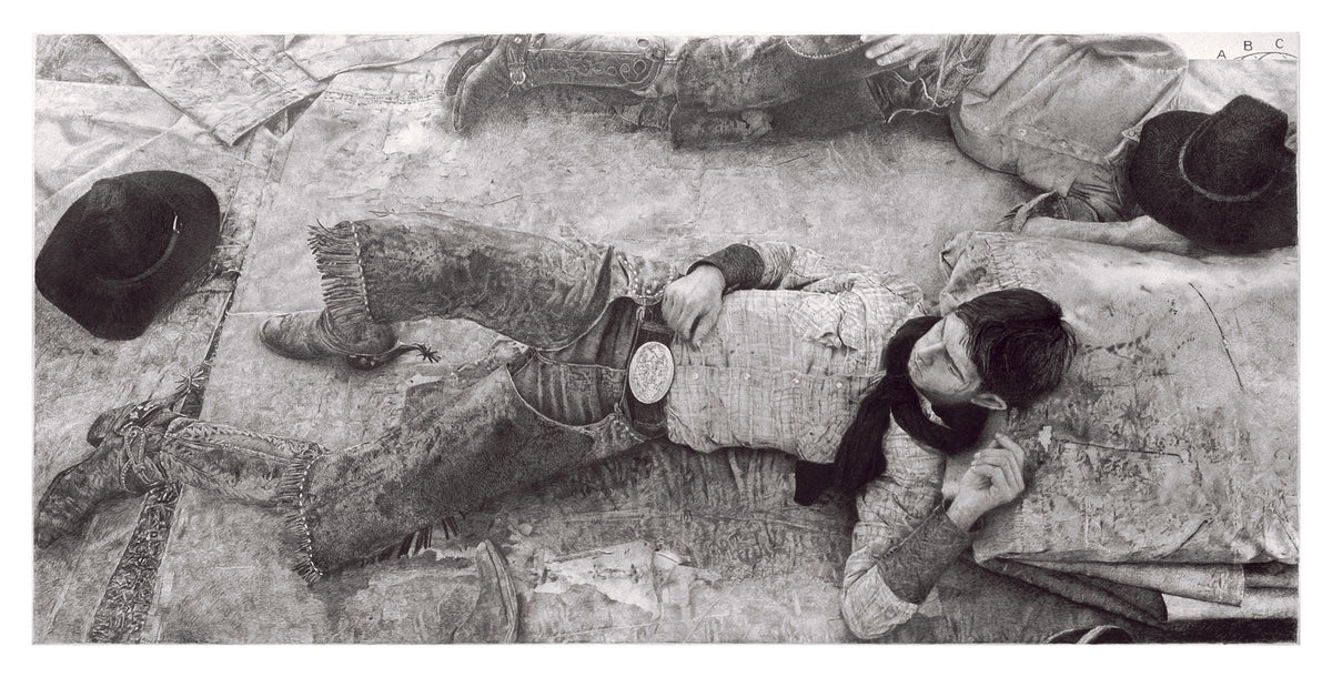Black and white image of a person lying on the ground with another person standing over them, possibly in a historical or dramatic context.