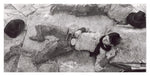 Black and white image of a person lying on the ground with another person standing over them, possibly in a historical or dramatic context.
