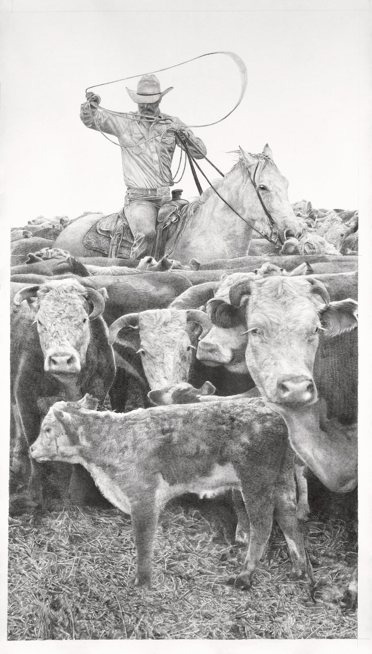 Cattleman on horseback with lasso surrounded by cows in a pen