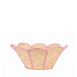 Scalloped woven raffia bowl with pink trim and petal-shaped edges on a white background.