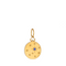 Yellow gold circular charm with engraved star-like shapes with one blue sapphire in the center of star