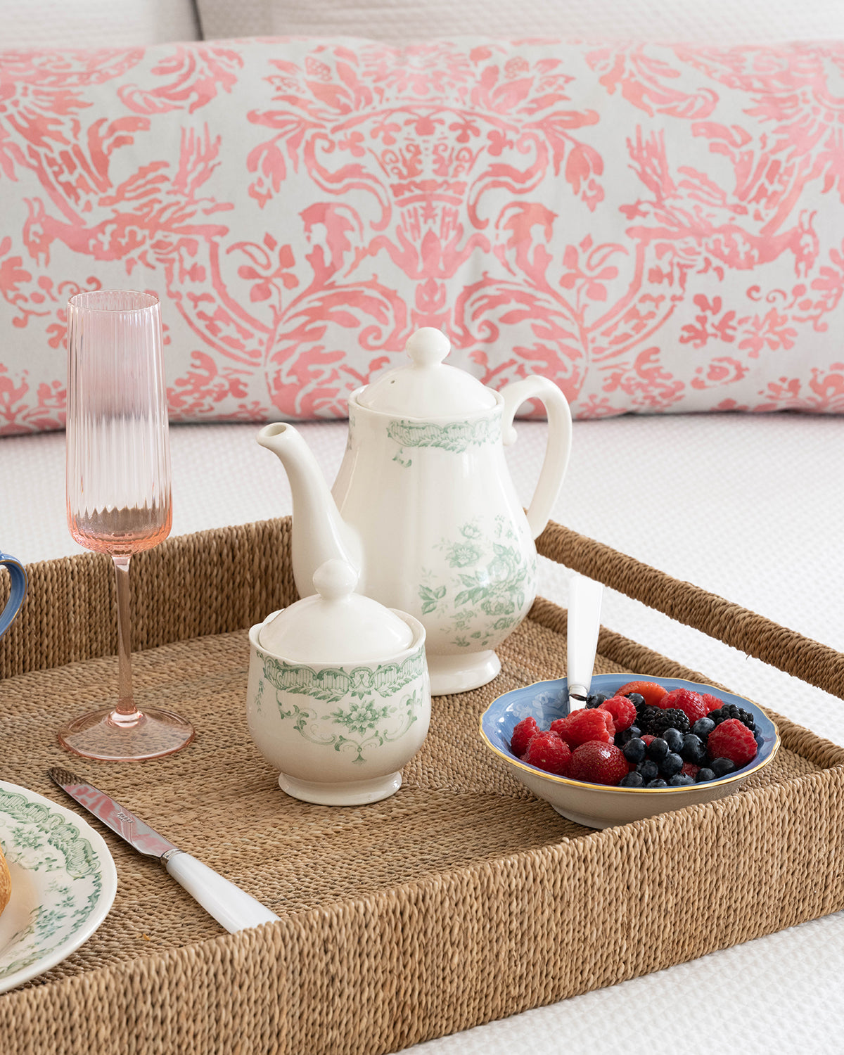 Sage floral teapot on breakfast in bed tray