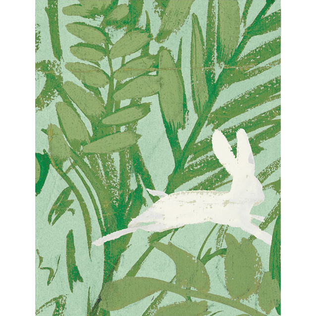 White rabbit illustration on a green and beige leaf patterned background