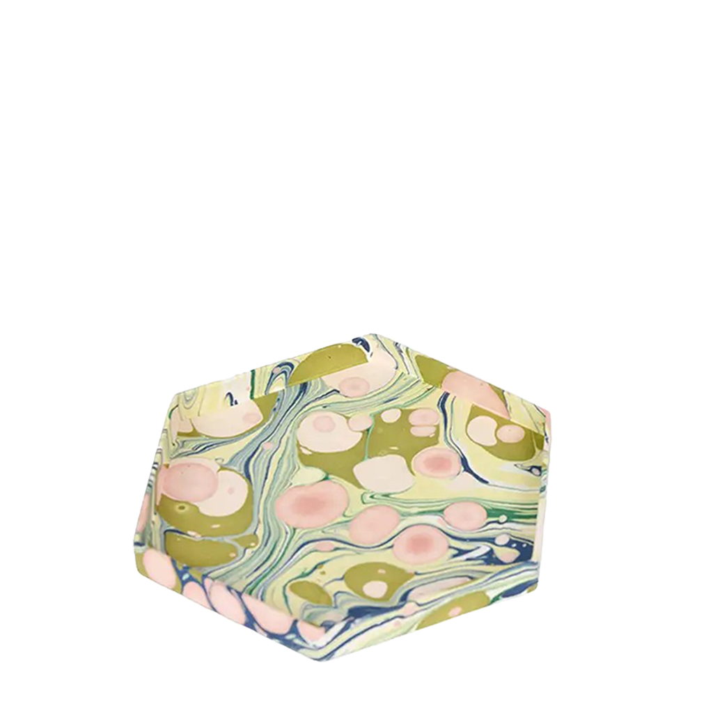 Hexagonal tray with marbled pattern on a white background