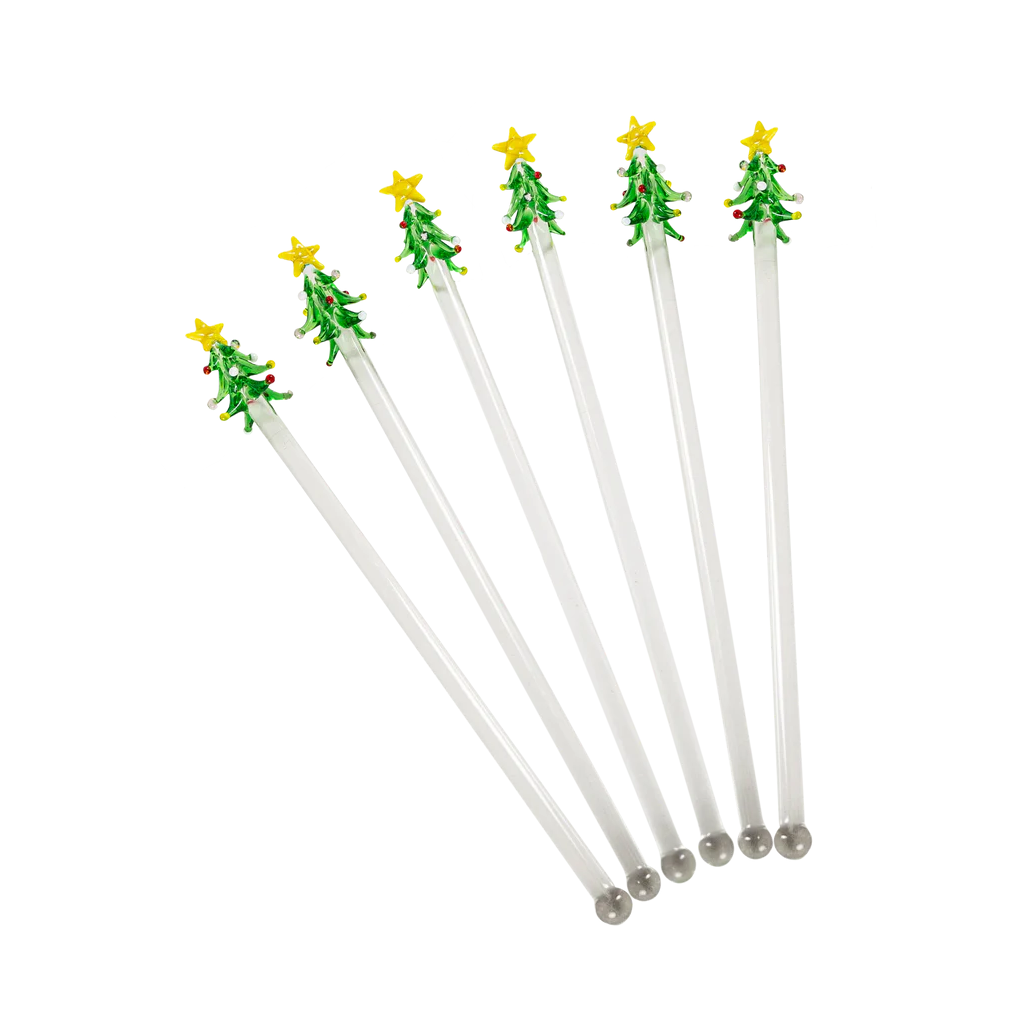 Glass Swizzle Sticks with Christmas Trees