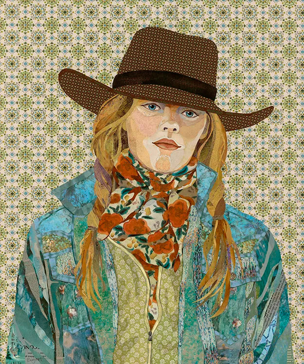 A stylized portrait artwork of a woman wearing a brown cowboy hat, a blue patterned jacket, and a floral scarf, set against a repeating floral background.