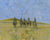 An impressionistic painting of five cowboys on horseback standing in a grassy field under a blue and lavender sky.